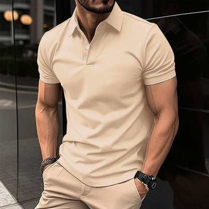 Men Summer Solid Color Polo Shirt in pink worn by a man, showcasing comfort and style for warm weather.