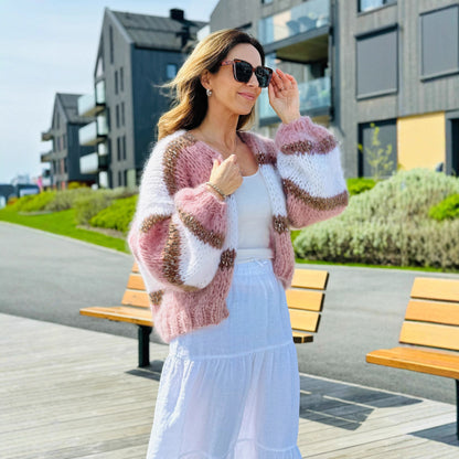 Womens Color Block Cardigan Sweater in pink and white, featuring a cozy knit design, styled casually outdoors.