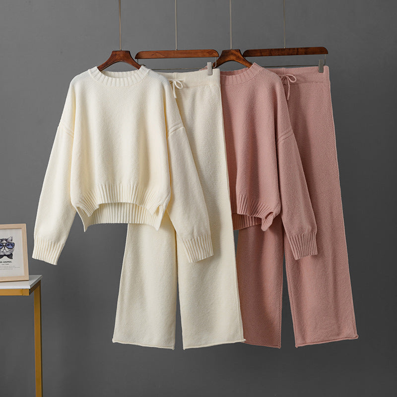 Women's Retro Thickening Minimalist Pullover Sweater Wide Leg Pants Two-piece Set