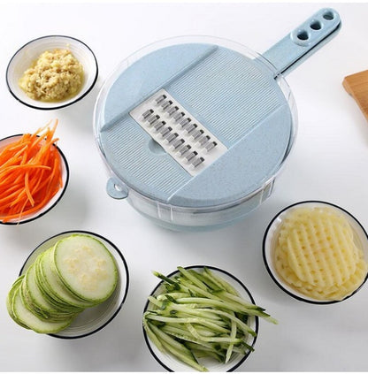 8 in 1 vegetable slicer front view with all attachments