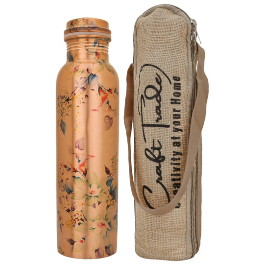 Craft Trade Floral Printed Pure Copper Bottle with Lid and Carry Bag for Drinking Water BPA Free Leak Proof Boosts Immunity Supports Digestive & Liver Health Ayurveda Inspired 34oz - 1 Litre Natural