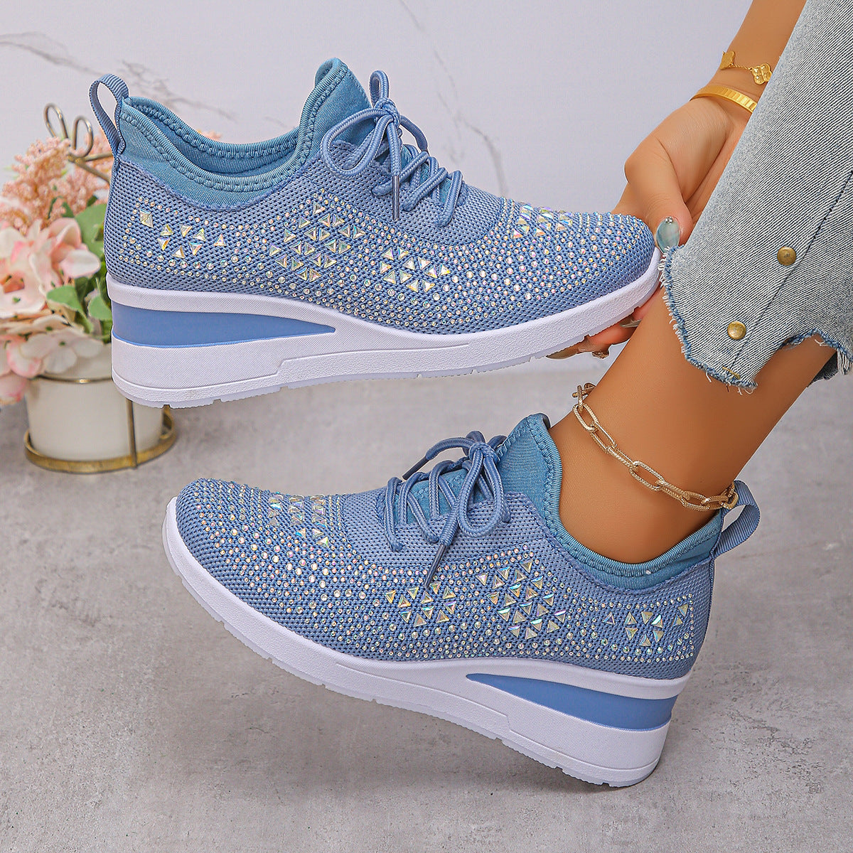 Womens rhinestone sneakers highlighting non-slip sole design