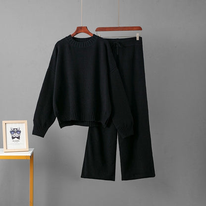 Women's Retro Thickening Minimalist Pullover Sweater Wide Leg Pants Two-piece Set