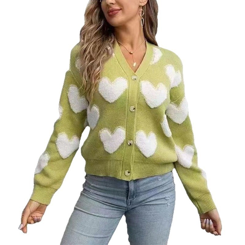 New Women's Knitted Cardigan Single-breasted Flocking Love Sweater