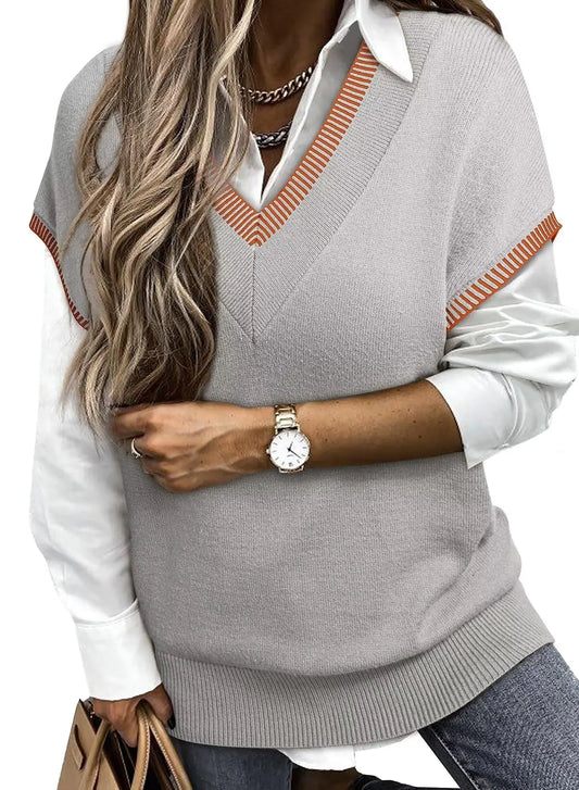 Dokotoo Womens Striped Oversized Short Sleeve Sweater Vest Fall Outfits for Women 2024 V Neck Sweaters for Women Casual Pullover Tunic Sweaters Tops Gray Medium