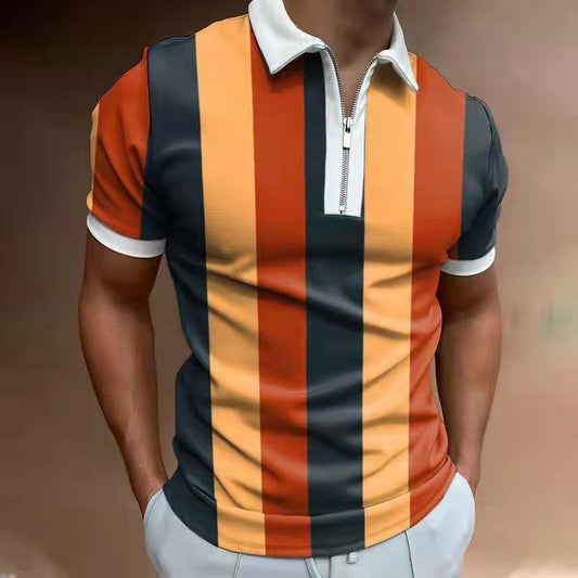 Mens Striped Lapel Polo Shirt – Casual Short Sleeve Summer Top with modern stripes in orange and navy.