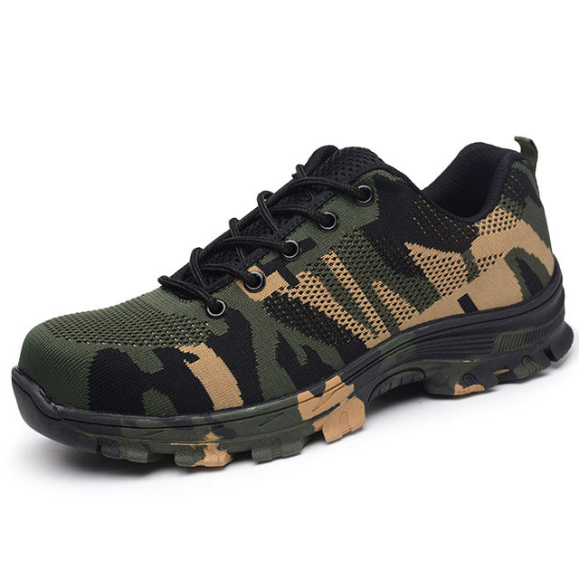 Anti-piercing safety boots for men displayed with protective steel toe cap