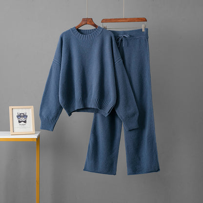 Women's Retro Thickening Minimalist Pullover Sweater Wide Leg Pants Two-piece Set