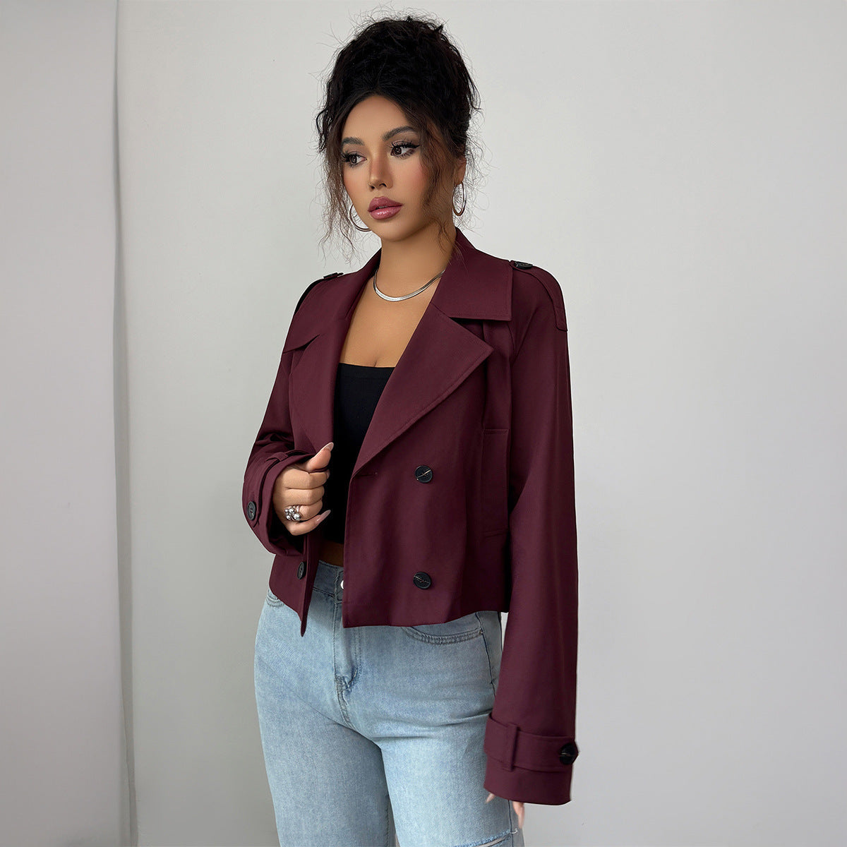 casual minimalist long sleeve jacket for women side profile