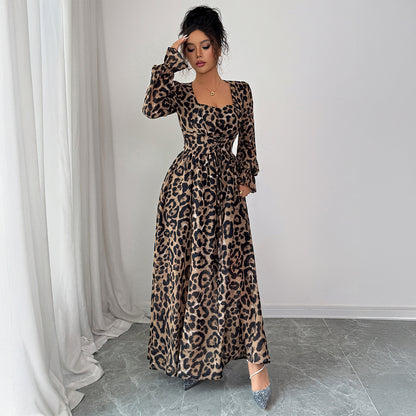 leopard print long sleeve maxi dress for women side profile