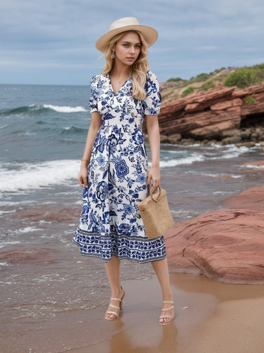 Womens Floral V-Neck Dress worn by a model on sandy beach, showcasing vibrant floral print and beachy style.