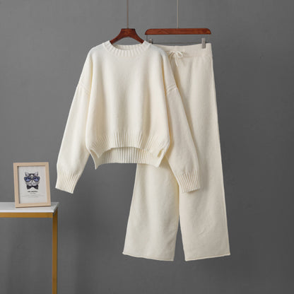 Women's Retro Thickening Minimalist Pullover Sweater Wide Leg Pants Two-piece Set