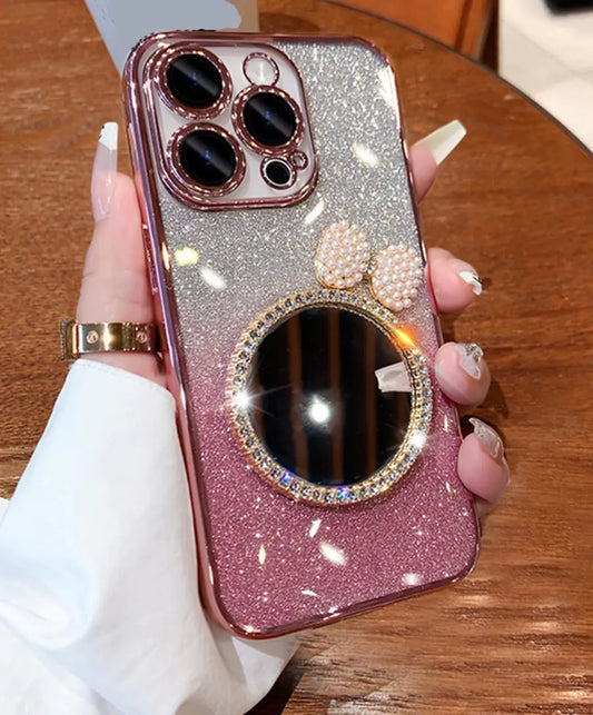Lozeguyc Case for iPhone 15 Pro Max Bling Glitter Mirror DesignGradient Holorgraphic Soft Silicone Cute Pearl Bowknot Girly Bumper Cover for iPhone 15 Pro Max for Women Pink