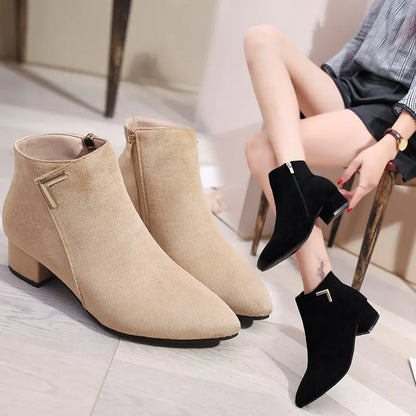 Pointed Toe Chunky Heel Ankle Boots with Side Zipper