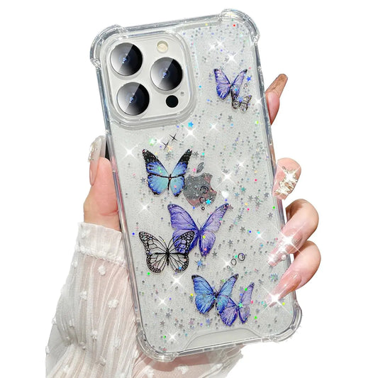 AuroiCYY for iPhone 15 Pro Max Clear Case Cute Butterfly Flexible Soft TPU Silicone Sparkle Glitter Stars Shockproof Protective Phone Case Thin Cover for Women Girly for iPhone 15 Pro Max (Purple)