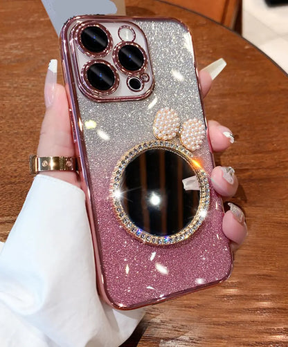 Lozeguyc Case for iPhone 15 Pro Max Bling Glitter Mirror DesignGradient Holorgraphic Soft Silicone Cute Pearl Bowknot Girly Bumper Cover for iPhone 15 Pro Max for Women Pink