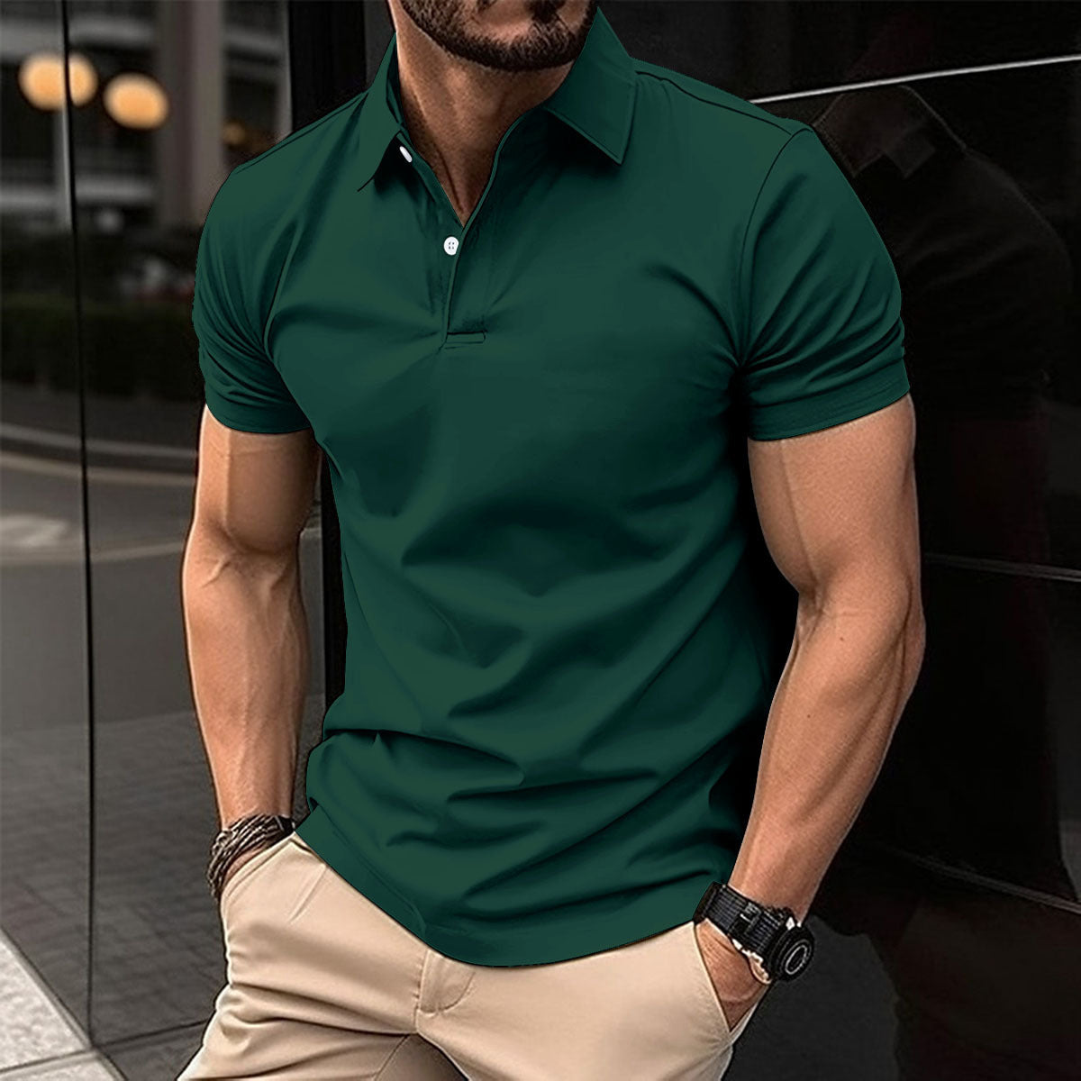 Men Summer Solid Color Polo Shirt in green worn by a man, showcasing comfort and style for warm weather.