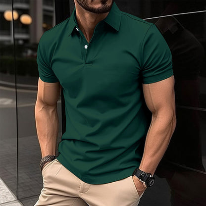 Men Summer Solid Color Polo Shirt in green worn by a man, showcasing comfort and style for warm weather.