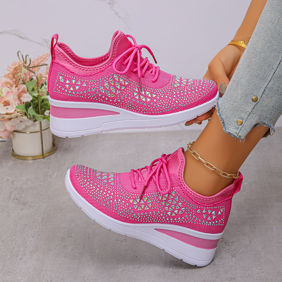Womens rhinestone sneakers highlighting non-slip sole design