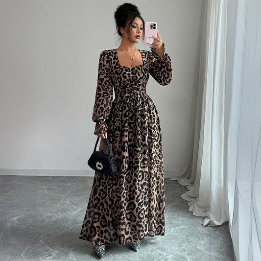 leopard print long sleeve maxi dress for women front view