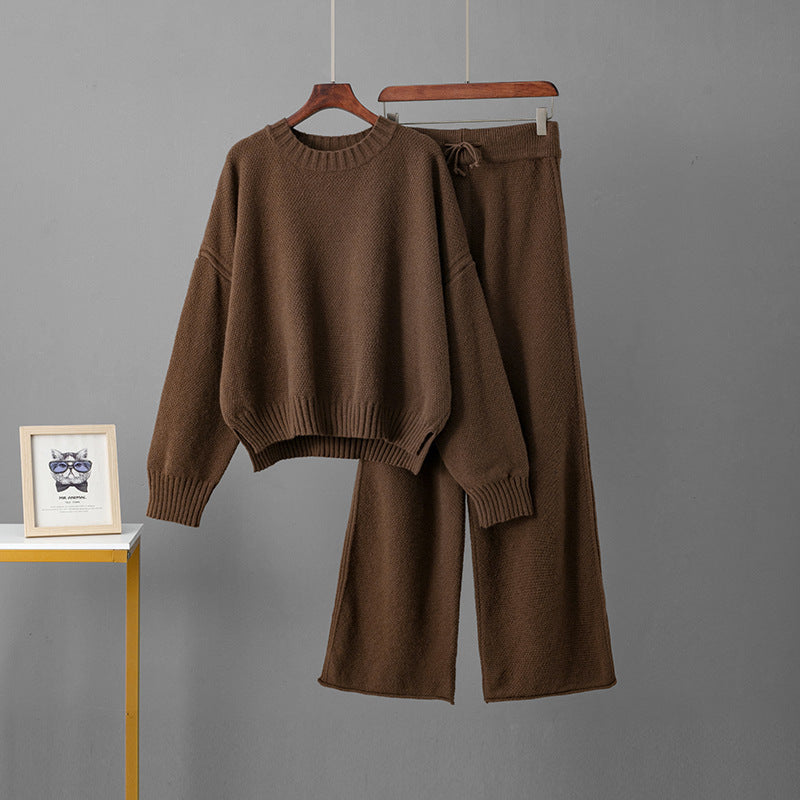 Women's Retro Thickening Minimalist Pullover Sweater Wide Leg Pants Two-piece Set