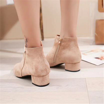 Pointed Toe Chunky Heel Ankle Boots with Side Zipper