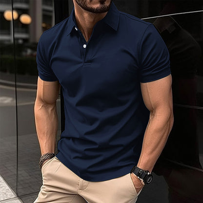 Men Summer Solid Color Polo Shirt in navy blue worn by a man, showcasing comfort and style for warm weather.