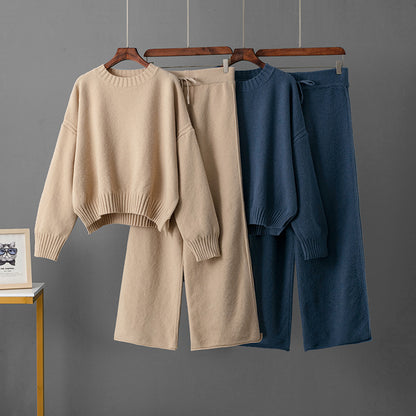Women's Retro Thickening Minimalist Pullover Sweater Wide Leg Pants Two-piece Set