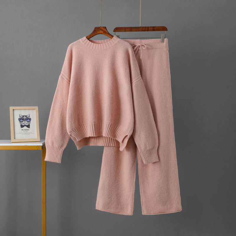 Women's Retro Thickening Minimalist Pullover Sweater Wide Leg Pants Two-piece Set