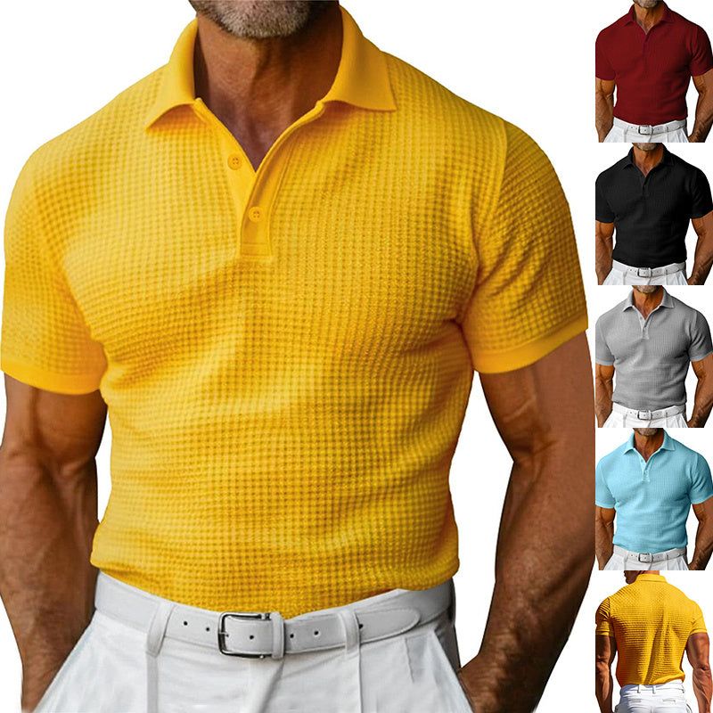 Mens waffle short sleeve polo shirt front view