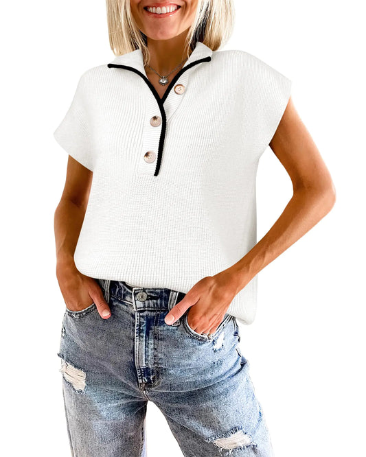 ANRABESS Womens Short Sleeve Sweaters V Neck Button Down Pullover Sweater Tops Loose Casual Knit 2024 Fall Outfits White S
