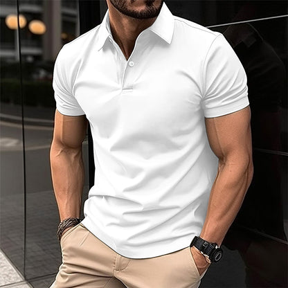Men Summer Solid Color Polo Shirt in navy blue worn by a man, showcasing comfort and style for warm weather.