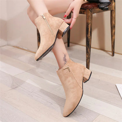 Pointed Toe Chunky Heel Ankle Boots with Side Zipper