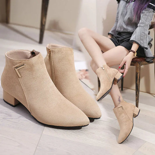 Pointed Toe Chunky Heel Ankle Boots with Side Zipper
