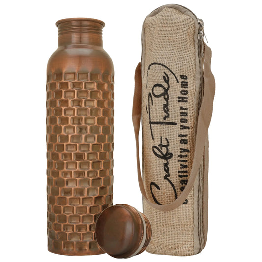 Craft Trade Diamond Copper Bottle with Lid and Carry Bag for Drinking Water BPA Free Leak Proof Boosts Immunity Supports Digestive Ayurveda Inspired 34oz - 1 Litre Black