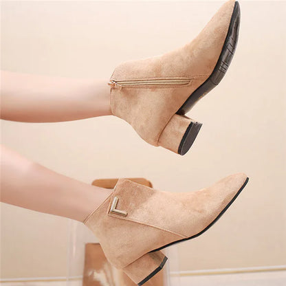 Pointed Toe Chunky Heel Ankle Boots with Side Zipper